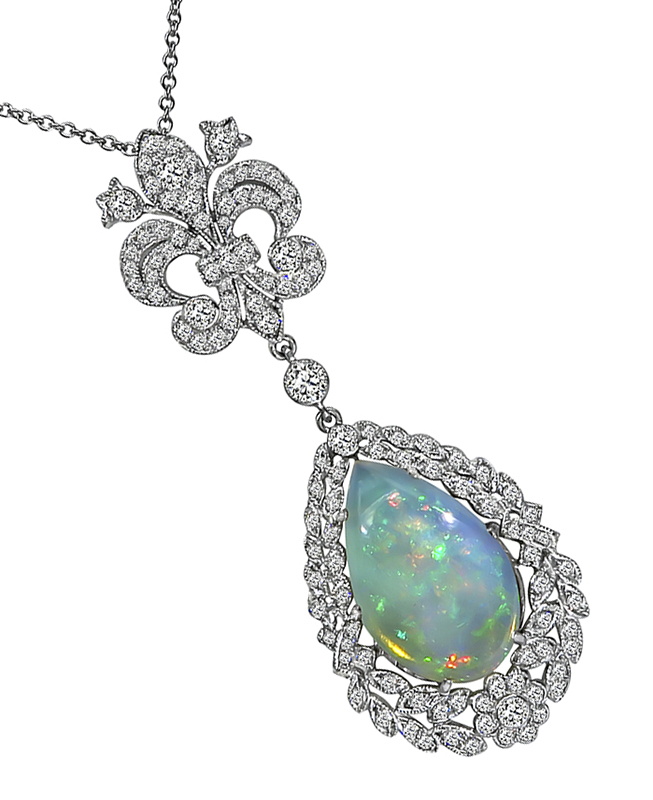 Pear Shape Opal Round Cut Diamond 18k White Gold Pendant Necklace