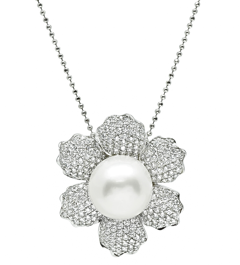 Estate 4.00ct Diamond Pearl Flower Pendant Necklace