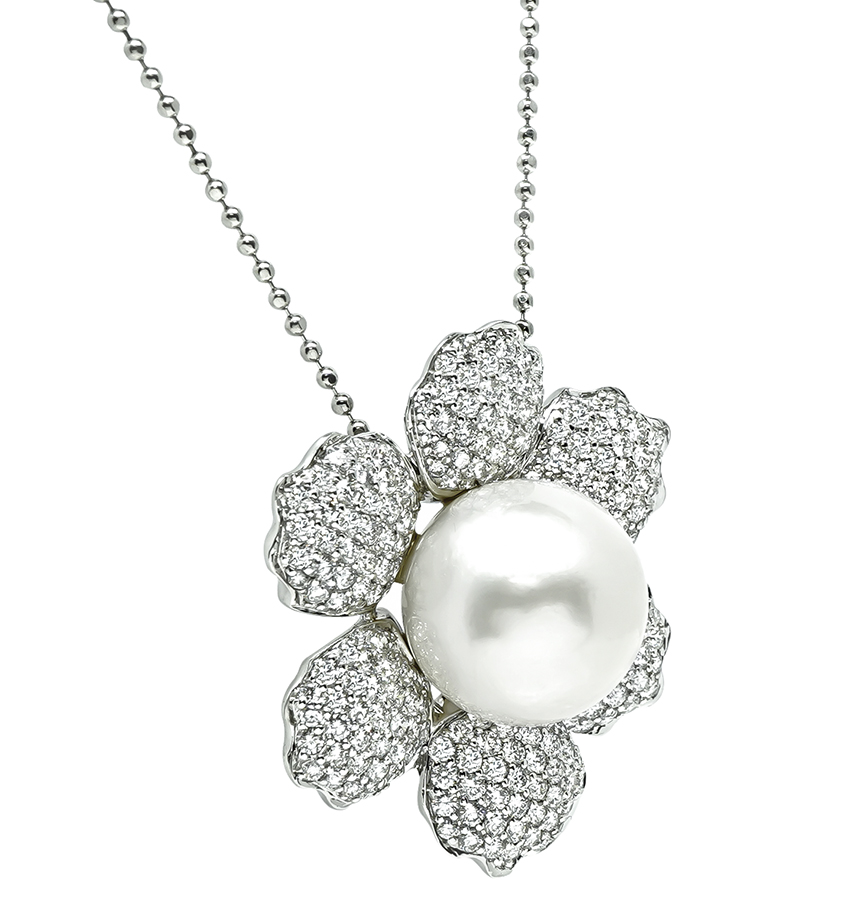Estate 4.00ct Diamond Pearl Flower Pendant Necklace