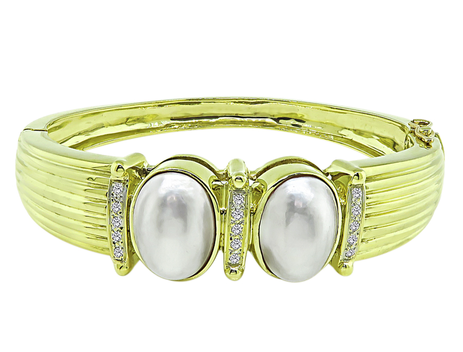 Estate Mabe Pearl 0.45ct Diamond Gold Bangle