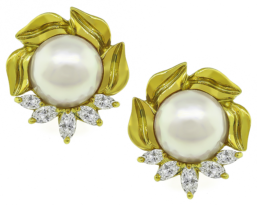 Estate Pearl Diamond Gold Earrings