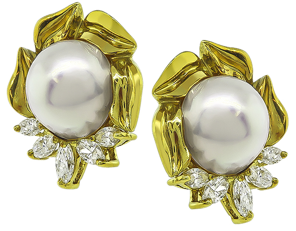 Estate Pearl Diamond Gold Earrings