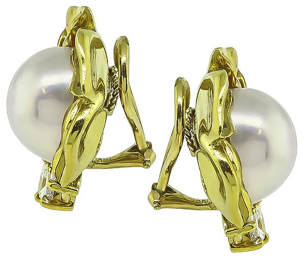 Estate Pearl Diamond Gold Earrings