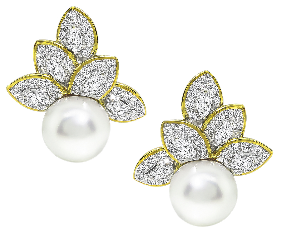 Estate 4.25ct Diamond South Sea Pearl Gold Earrings