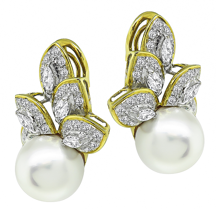 Estate 4.25ct Diamond South Sea Pearl Gold Earrings