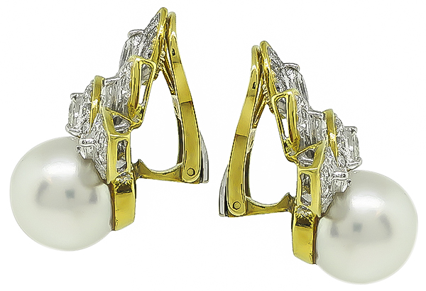 Estate 4.25ct Diamond South Sea Pearl Gold Earrings