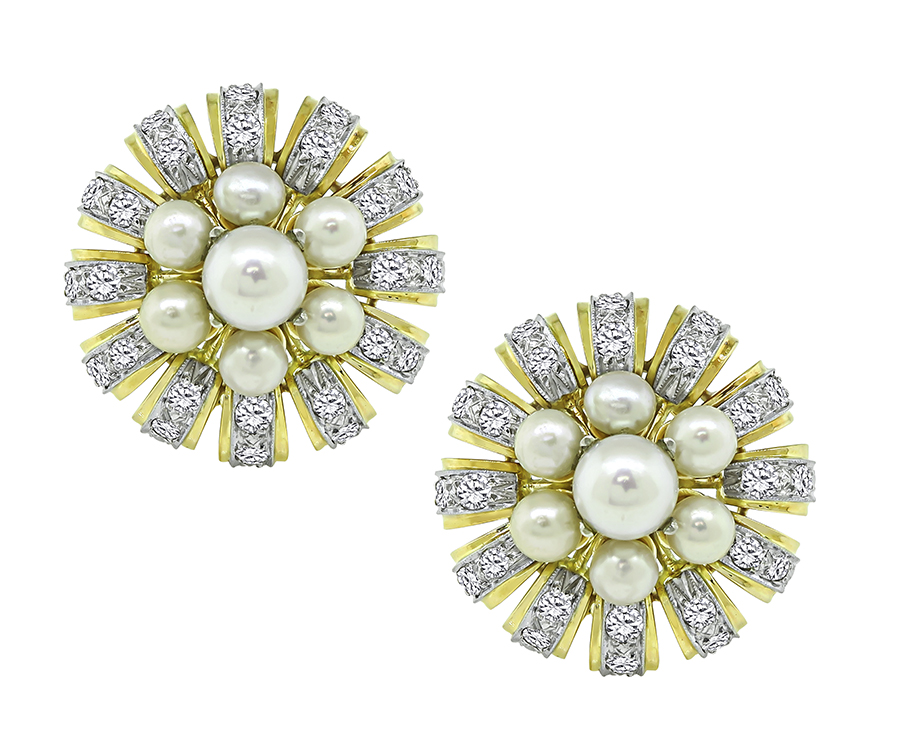 1950s Pearl 2.40ct Diamond Platinum and Gold Earrings