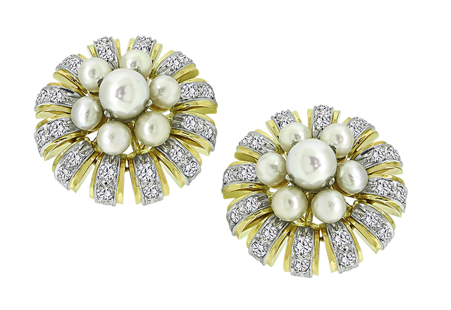 1950s Pearl 2.40ct Diamond Platinum and Gold Earrings