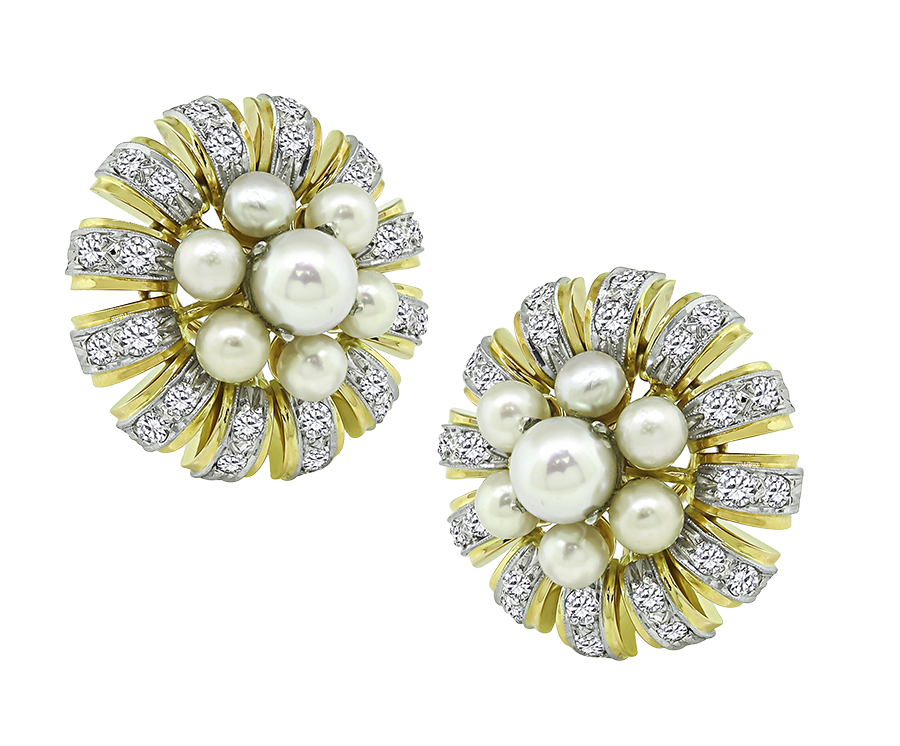 1950s Pearl 2.40ct Diamond Platinum and Gold Earrings