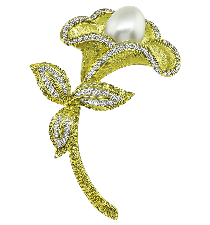 Estate Pearl 2.00ct Diamond Gold Flower Pin