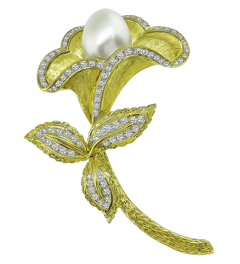 Estate Pearl 2.00ct Diamond Gold Flower Pin
