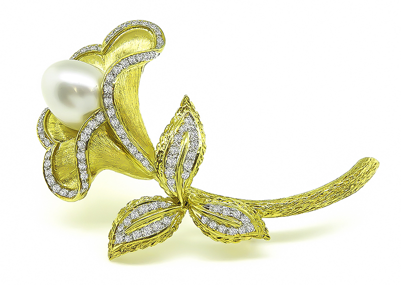 Estate Pearl 2.00ct Diamond Gold Flower Pin