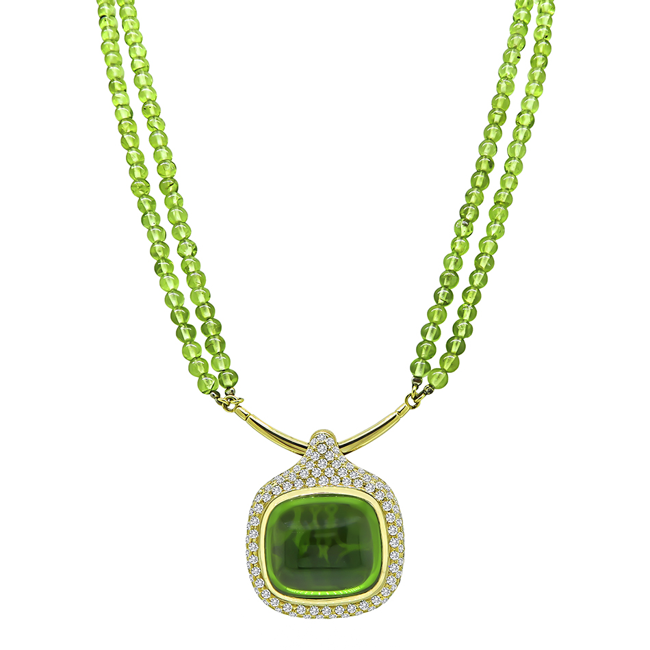 Estate 25.00ct Peridot 3.76ct Diamond Gold Necklace