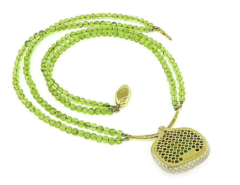 Estate 25.00ct Peridot 3.76ct Diamond Gold Necklace