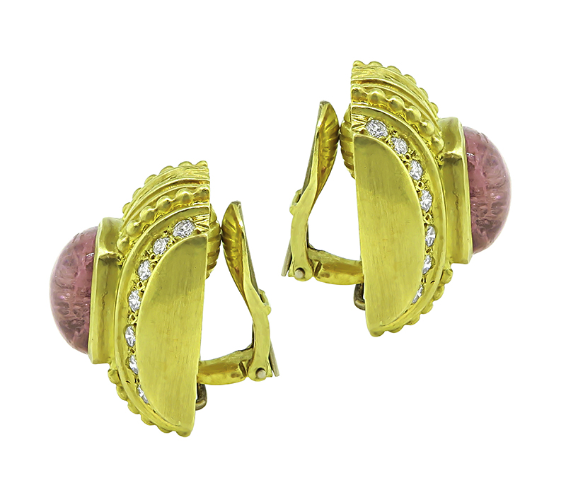 Estate 10.00ct Pink Tourmaline 1.50ct Diamond Gold Earrings