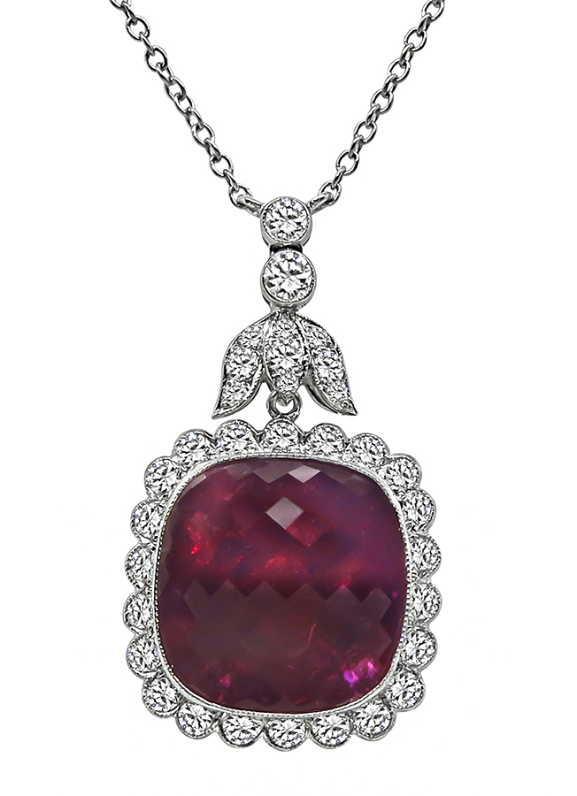 15.00ct Rubellite 1.00ct Round Cut Diamond Pendant Necklace