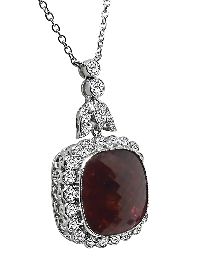 15.00ct Rubellite 1.00ct Round Cut Diamond Pendant Necklace