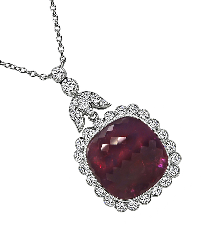 15.00ct Rubellite 1.00ct Round Cut Diamond Pendant Necklace