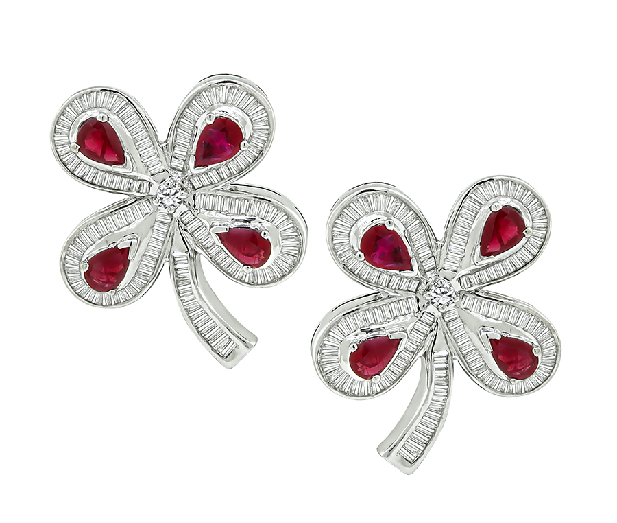 Estate 4.00ct Ruby 4.50ct Diamond Flower Earrings