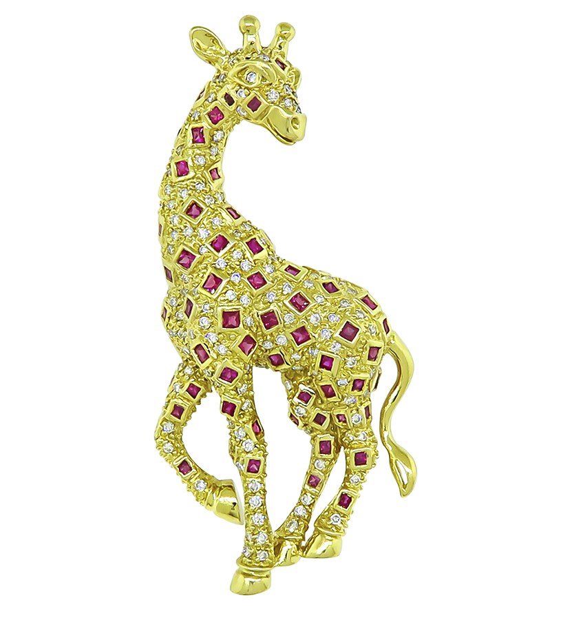 Estate 1.15ct Ruby 0.80ct Diamond Gold Giraffe Pin/Pendant