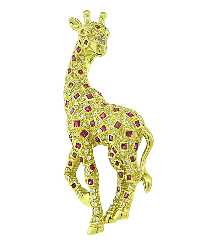 Estate 1.15ct Ruby 0.80ct Diamond Gold Giraffe Pin/Pendant