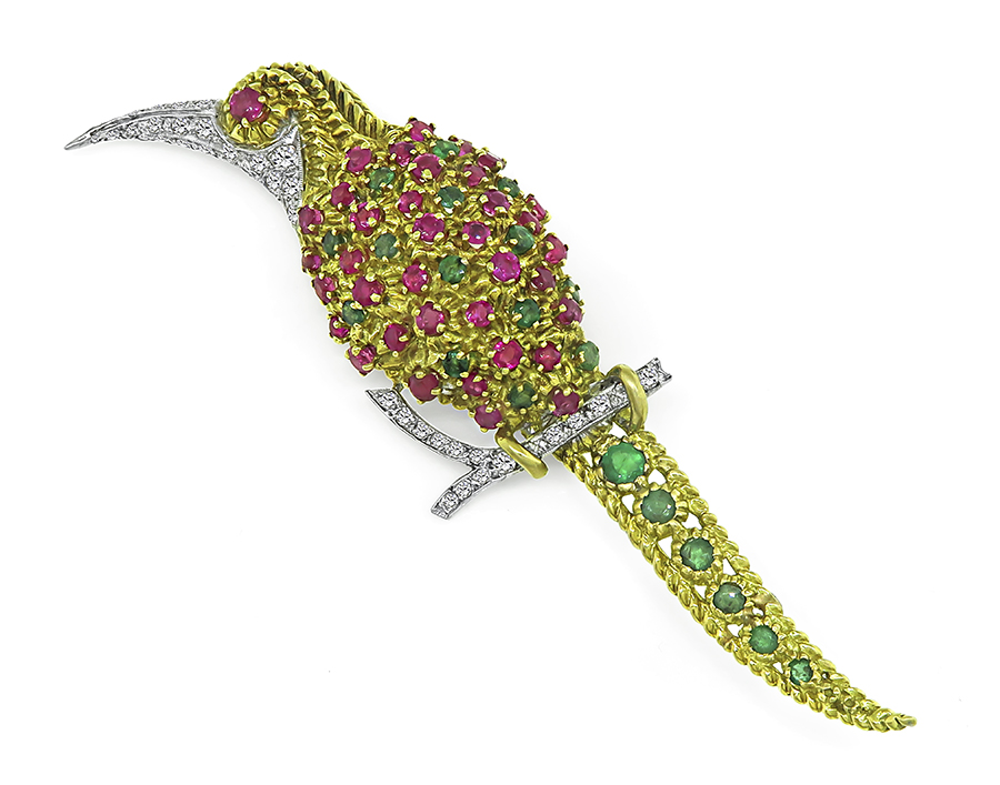 Estate 0.50ct Diamond 1.00ct Emerald 1.00ct Ruby Gold Bird Pin