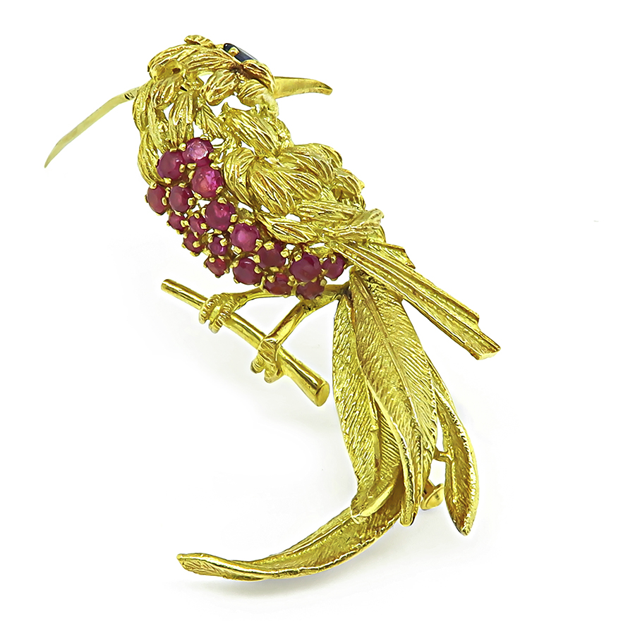 Estate 1.50ct Ruby Yellow Gold Bird Pin