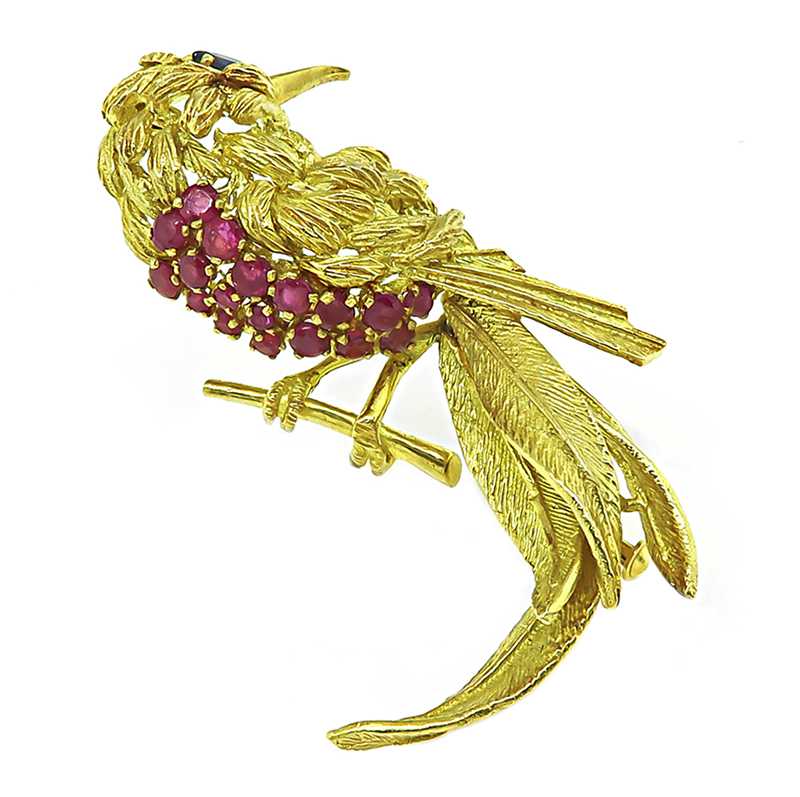 Estate 1.50ct Ruby Yellow Gold Bird Pin