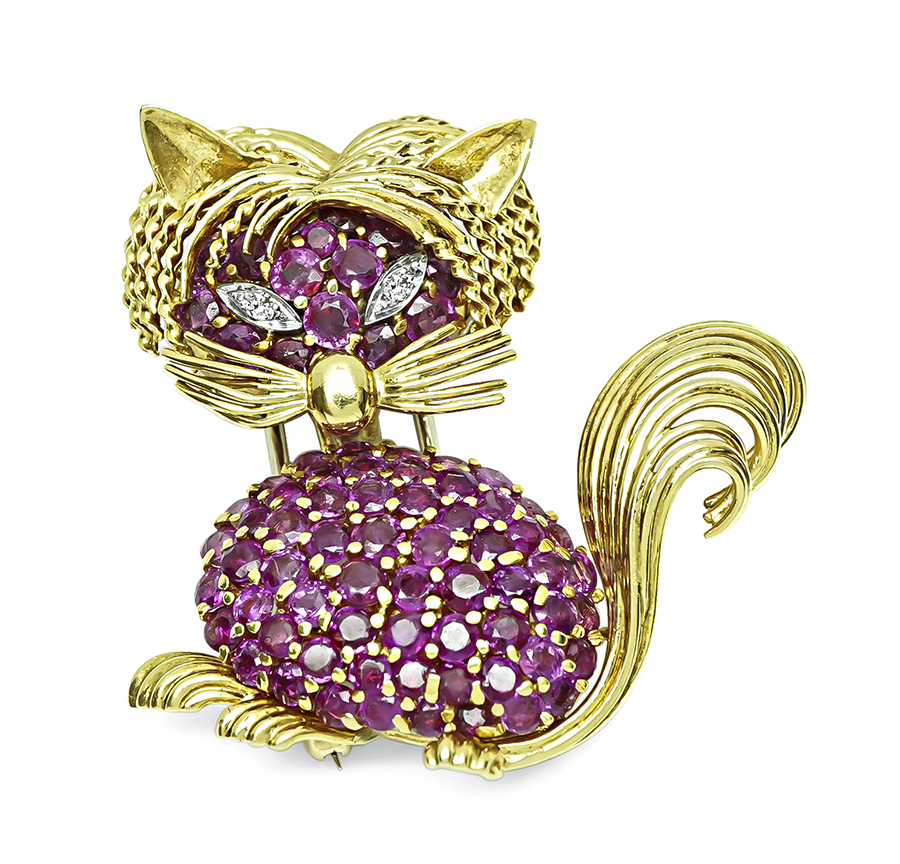 Estate 7.00ct Ruby Diamond Gold Cat Pin