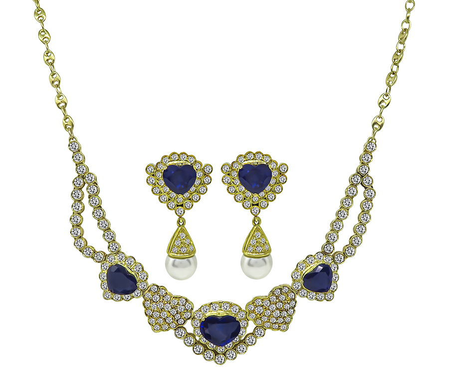 18k Gold Diamond Sapphire Necklace and Earrings Set