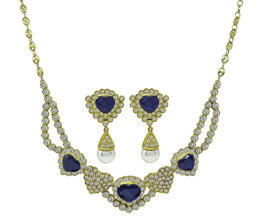 Estate 9.00ct Sapphire 7.00ct Diamond Heart Necklace and Earrings Set