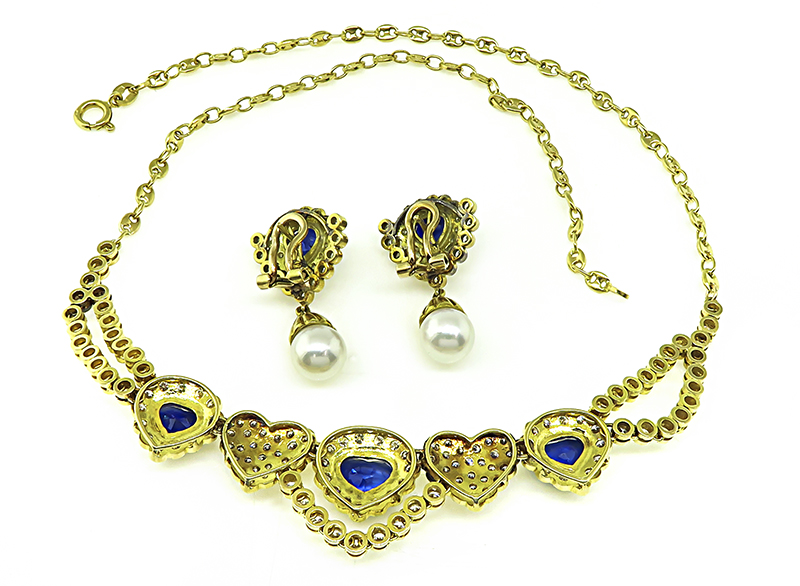 Estate 9.00ct Sapphire 7.00ct Diamond Heart Necklace and Earrings Set