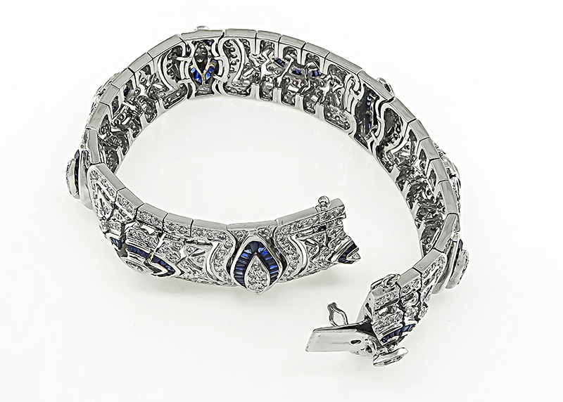 Baguette Cut Sapphire Round Cut Diamond 18k White Gold Bracelet
