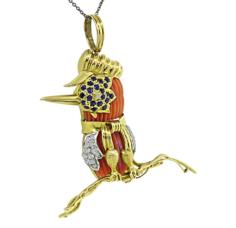 Estate Diamond Sapphire Coral Gold Bird Pendant