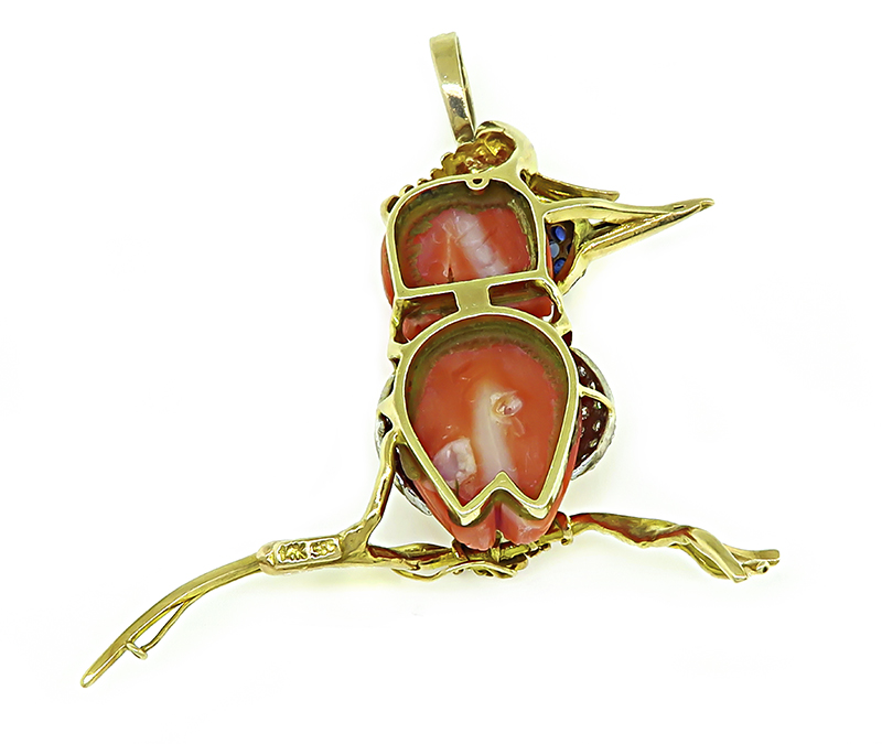 Estate Diamond Sapphire Coral Gold Bird Pendant