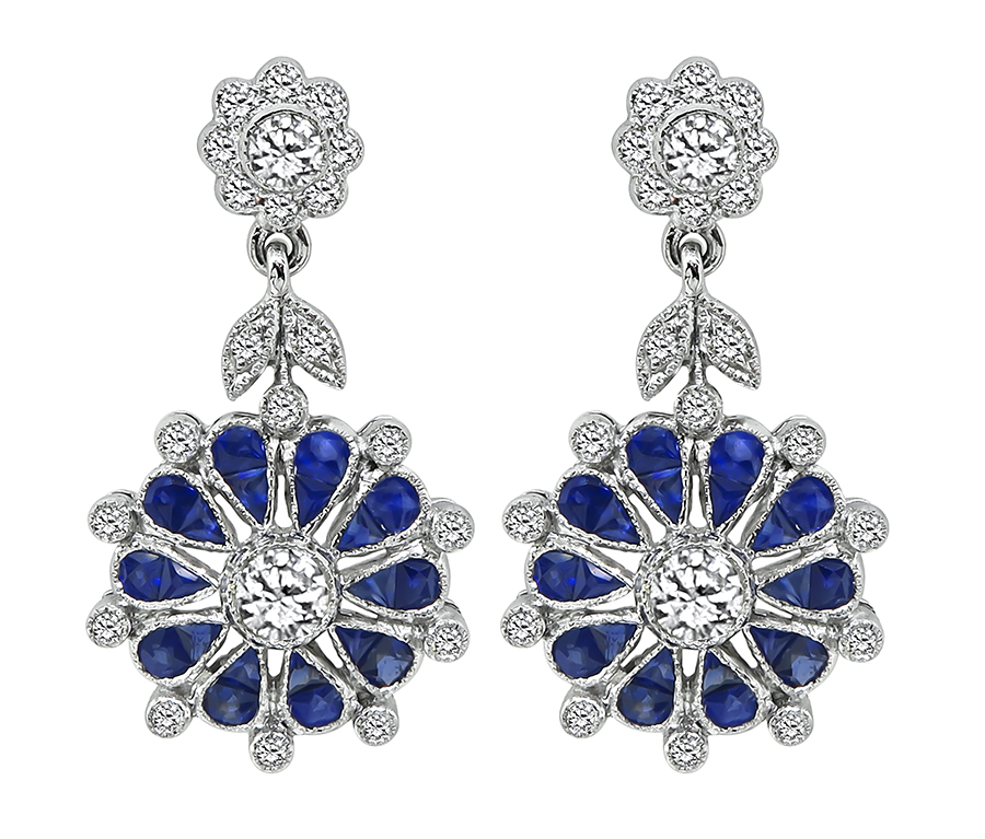 Estate 1.70ct Sapphire 1.20ct Diamond Dangling Earrings