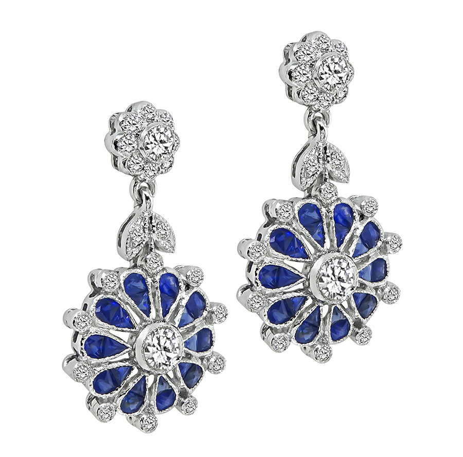 Estate 1.70ct Sapphire 1.20ct Diamond Dangling Earrings