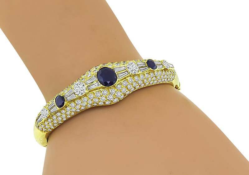 Estate 6.00ct Diamond 3.00ct Sapphire Gold Bangle