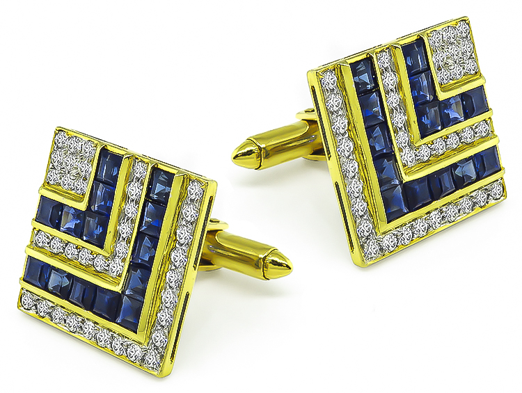 Estate 3.00ct Sapphire 2.20ct Diamond Gold Cufflinks