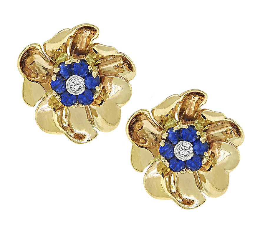 Estate 1.60ct Sapphire Diamond Gold Flower Earrings