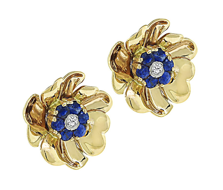 Estate 1.60ct Sapphire Diamond Gold Flower Earrings