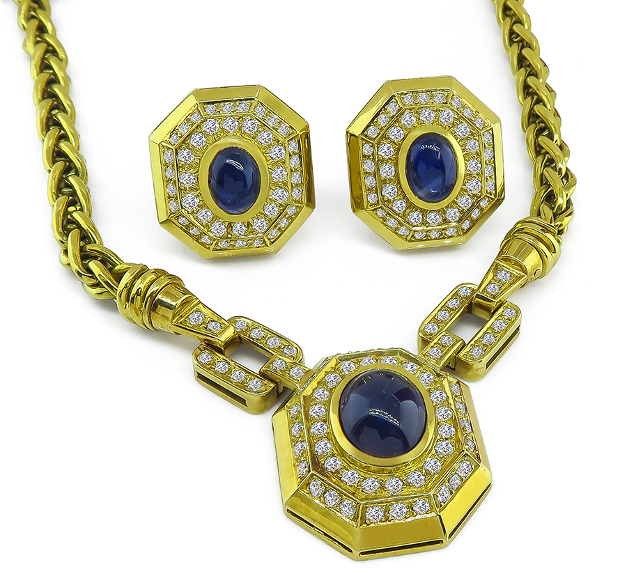 Estate 10.00ct Sapphire 3.00ct Diamond Gold Necklace and Earrings Set