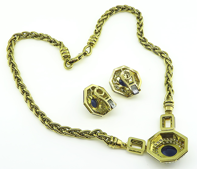 Estate 10.00ct Sapphire 3.00ct Diamond Gold Necklace and Earrings Set