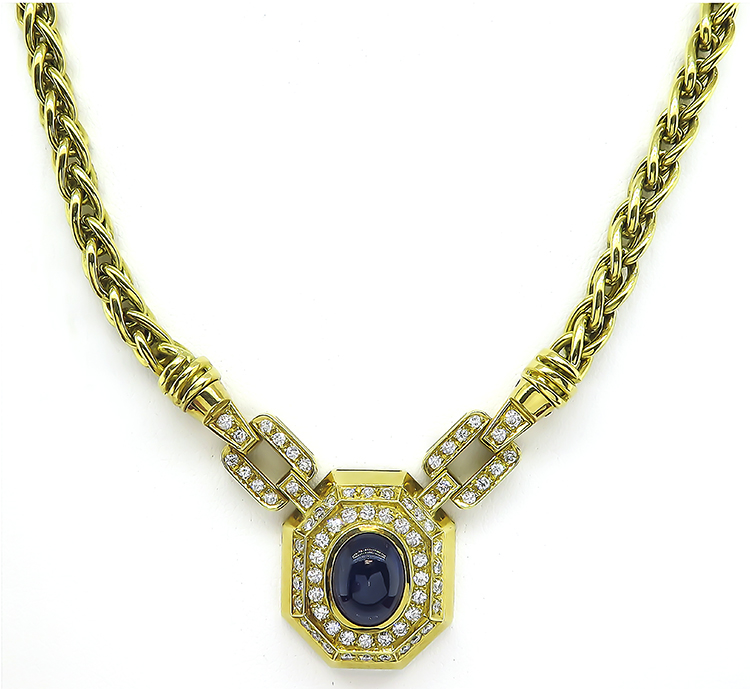 Estate 10.00ct Sapphire 3.00ct Diamond Gold Necklace and Earrings Set