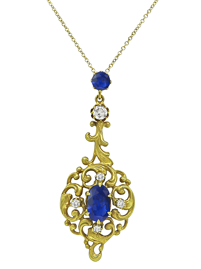 Vintage 3.00ct Sapphire 0.30ct Diamond Pendant Necklace