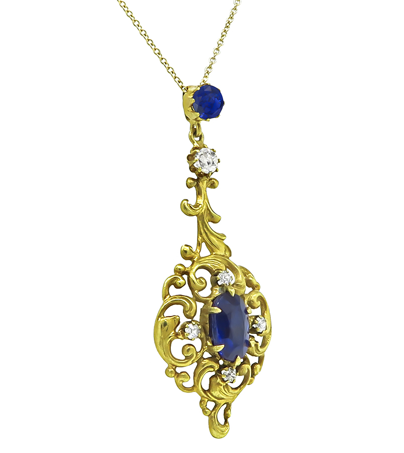 Vintage 3.00ct Sapphire 0.30ct Diamond Pendant Necklace