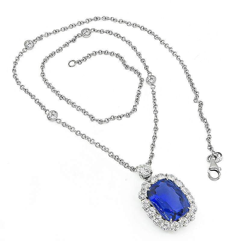 Estate GIA 12.43ct Ceylon Sapphire 4.39ct Diamond Pendant Necklace