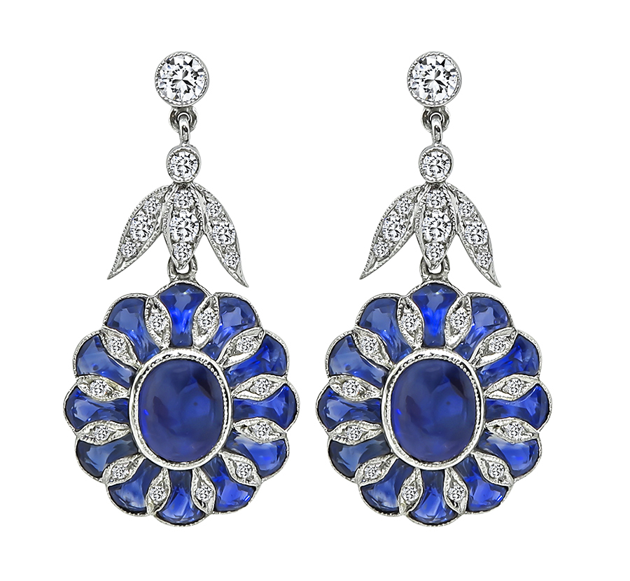 Estate 5.80ct Center Sapphire 3.32ct Side Sapphire 0.96ct Diamond Earrings