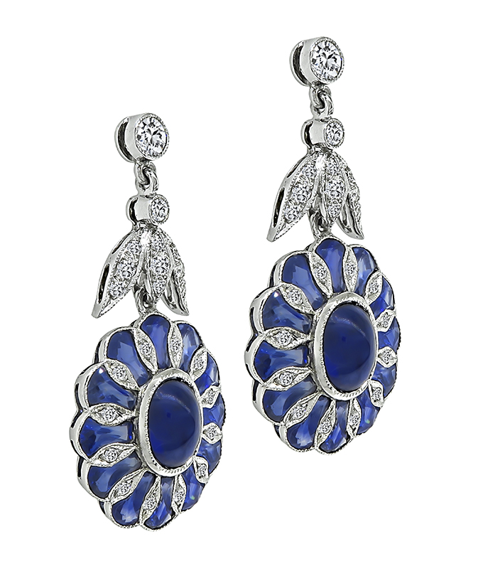 Estate 5.80ct Center Sapphire 3.32ct Side Sapphire 0.96ct Diamond Earrings