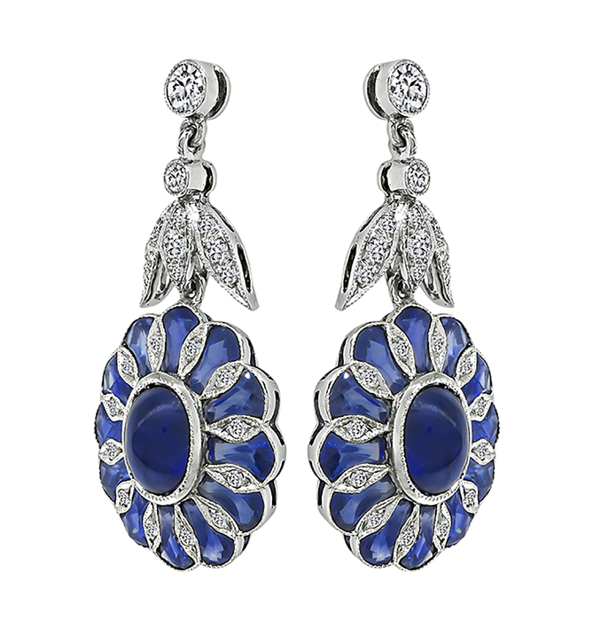 Estate 5.80ct Center Sapphire 3.32ct Side Sapphire 0.96ct Diamond Earrings